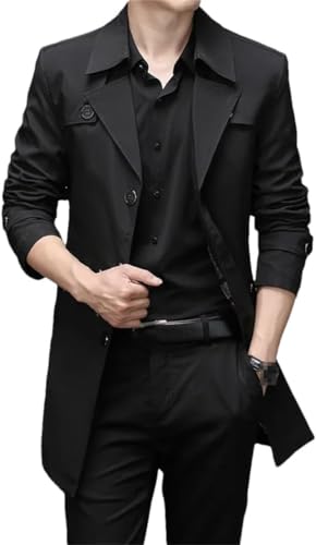 Goolecrimp Herren Mode lang Trenchcoat Herren Frühling und Herbst Business lässig Trenchcoat einfarbig Single-Breed mit Revers Trenchcoat (Schwarz,L) von Goolecrimp