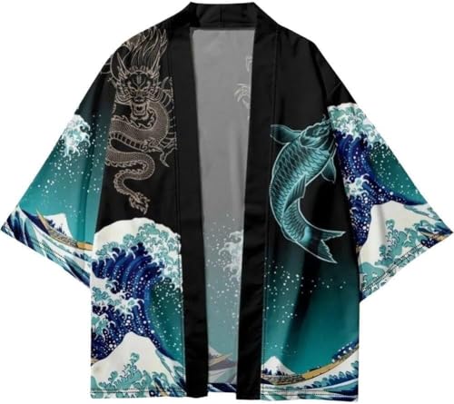 Goolecrimp Herren Strick Jacke im japanischen Kimono Stil Tiermuster modisch trendig lockeres leichtes Oberteil Hawaii Strand lässiger Urlaub Strickjacke mit Sieben Ärmeln (Grün,M) von Goolecrimp