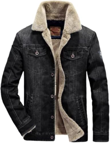 Goolecrimp Herren gepolsterte gefütterte Jeansjacke Mode Winter warm Winddicht verdickte Jeansjacke lose lässig Revers Knopf übergroße Jacke (Schwarz,L) von Goolecrimp