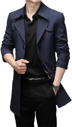 Goolecrimp Herren Mode lang Trenchcoat Herren Frühling und Herbst Business lässig Trenchcoat einfarbig Single-Breed mit Revers Trenchcoat (Blau,M) von Goolecrimp
