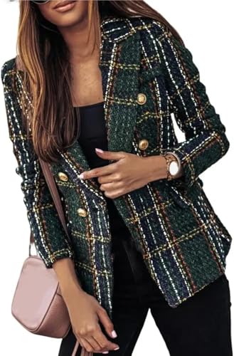 Goolecrimp Karierter Blazer für Damen Mode Trend Zweireihige Karo Jacke mit Tweed Revers Retro Elegante Business Casual Büro Jacke (Grün,M) von Goolecrimp