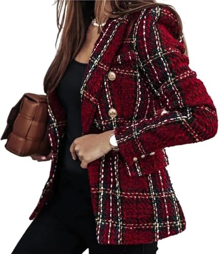 Goolecrimp Karierter Blazer für Damen Mode Trend Zweireihige Karo Jacke mit Tweed Revers Retro Elegante Business Casual Büro Jacke (Rot,S) von Goolecrimp