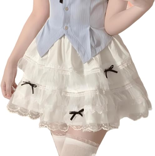 Goolecrimp Kawaii Minirock Für Damen Lässig Hoch Tailliert Bauschig Y2K Lolita Minirock Mit Schwarzer Schleife Spitzensaum Und Elastischer Taille (Weiß,L) von Goolecrimp