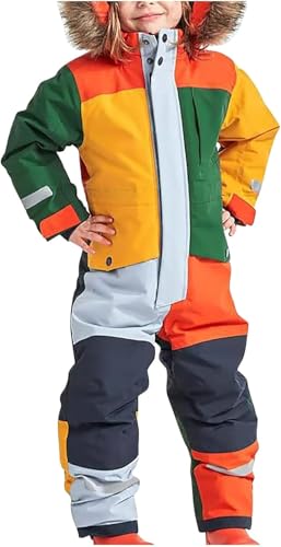 Goolecrimp Kinder warm gepolstert gefüttert einteiligen Skianzug Jungen Mädchen wasserdicht Winddicht Skianzug verdickt warm Outdoor mit Kapuze Schneeanzug (Mehrfarbig,130) von Goolecrimp