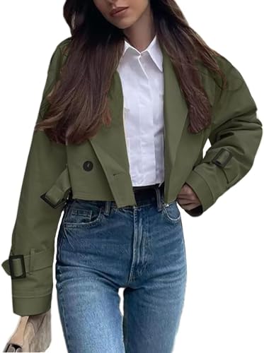 Goolecrimp Kurzer Damen Trenchcoat klassisch vielseitig Frühling und Herbst Trenchcoat modisch und elegant Business Casual Trend Trenchcoat (Armee grün,S) von Goolecrimp