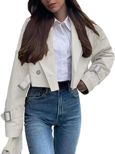 Goolecrimp Kurzer Damen Trenchcoat klassisch vielseitig Frühling und Herbst Trenchcoat modisch und elegant Business Casual Trend Trenchcoat (Beige,M) von Goolecrimp