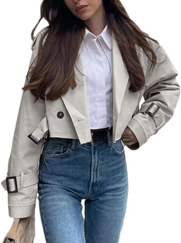 Goolecrimp Kurzer Damen Trenchcoat klassisch vielseitig Frühling und Herbst Trenchcoat modisch und elegant Business Casual Trend Trenchcoat (Beige-Grau,S) von Goolecrimp