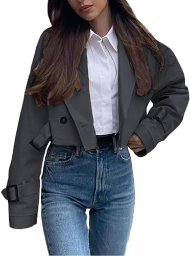 Goolecrimp Kurzer Damen Trenchcoat klassisch vielseitig Frühling und Herbst Trenchcoat modisch und elegant Business Casual Trend Trenchcoat (Grau,M) von Goolecrimp