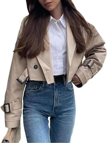 Goolecrimp Kurzer Damen Trenchcoat klassisch vielseitig Frühling und Herbst Trenchcoat modisch und elegant Business Casual Trend Trenchcoat (Khaki,M) von Goolecrimp
