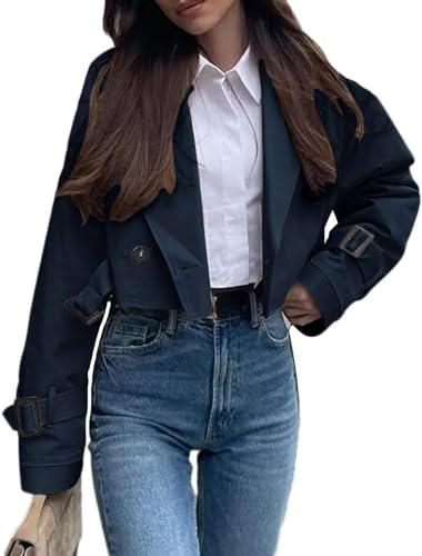 Goolecrimp Kurzer Damen Trenchcoat klassisch vielseitig Frühling und Herbst Trenchcoat modisch und elegant Business Casual Trend Trenchcoat (Marineblau,M) von Goolecrimp