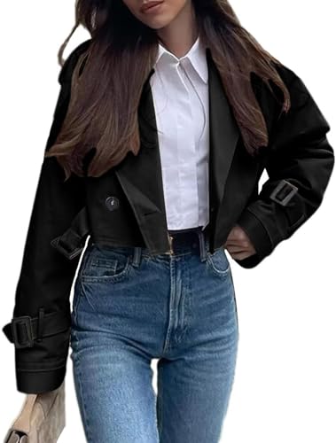 Goolecrimp Kurzer Damen Trenchcoat klassisch vielseitig Frühling und Herbst Trenchcoat modisch und elegant Business Casual Trend Trenchcoat (Schwarz,S) von Goolecrimp