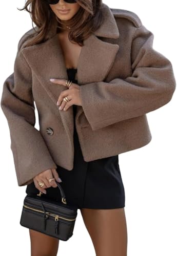 Goolecrimp Kurzer Tweedmantel für Damen Modetrendige einreihige Kurzjacke mit Revers Eleganter lockerer lässiger Warmer Wintermantel (Kaffee,S) von Goolecrimp
