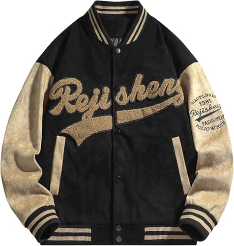 Goolecrimp Langarm-Baseballjacke mit Farbblockdesign und Monogramm für Herren College-Jacke langärmelig mit Monogramm bestickte Herbstjacke (Schwarz,4XL) von Goolecrimp