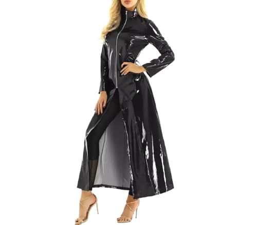 Goolecrimp Langer Trenchcoat aus PU für Damen Modischer glänzender schmaler wasserdichter Mantel Elegante lässige Punk und Gothic Partyjacke mit Stehkragen (Schwarz,M) von Goolecrimp