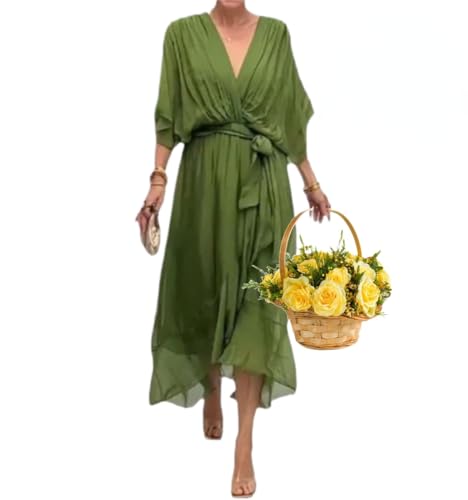 Goolecrimp Langes böhmisches Stil Elegantes Chiffon-Kleid mit V-Ausschnitt und Plus-Size-Kleid unregelmäßiges Strand Kleid extra Lange Kleider (Grün,3XL) von Goolecrimp