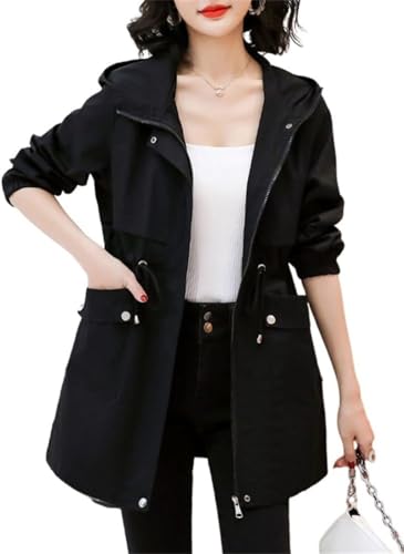 Goolecrimp Leichter Parka mit Langen Ärmeln für Damen Winddichte lockere Übergangsjacke für Frühling und Herbst Einfarbiger lässiger Outdoor Sport Mantel (Schwarz,M) von Goolecrimp
