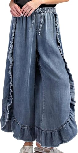 Goolecrimp Lockere Jeanshose mit Rüschensaum für Damen weites Bein Schlaghose elastische Taille weites Bein Jeans in Primärfarbe Fransensaum fließende Rüschenhose (Blau,M) von Goolecrimp