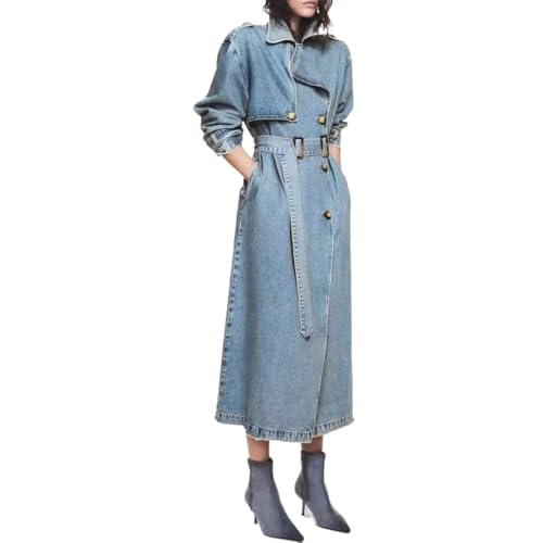 Goolecrimp Modische Jeans Windjacke mit Revers für Damen Eleganter zweireihiger taillierter Langer Jeansmantel Lockere legere Jeans Windjacke für Business Büro und Party (Blau,XS) von Goolecrimp