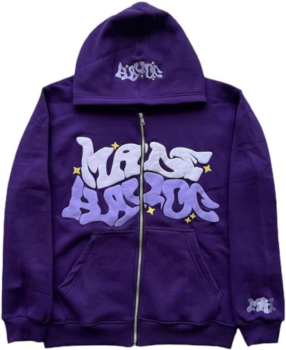 Goolecrimp Reißverschluss Hoodie Y2K Lässiger Hoodie mit Retro Street Print lockere Langarmjacke Personalisierte Trendige Paarjacke (Lila,L) von Goolecrimp