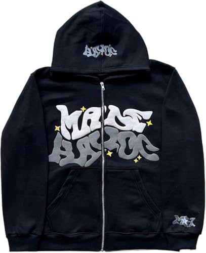 Goolecrimp Reißverschluss Hoodie Y2K Lässiger Hoodie mit Retro Street Print lockere Langarmjacke Personalisierte Trendige Paarjacke (Schwarz,M) von Goolecrimp