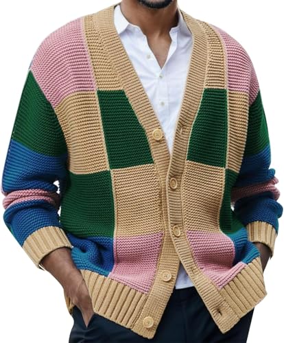 Goolecrimp Retro Cardigan für Herren V-Ausschnitt Colorblock Schlichter Warmer Winter Cardigan mit Knöpfen Mode lässig bequem locker Trendiger Pullover für Herren (Gelb,3XL) von Goolecrimp