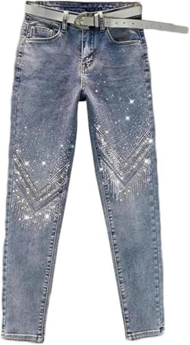 Goolecrimp Schmale Strassverzierte Lässige Und Trendige Stretch Jeans Mit Hoher Taille Für Damen Mode Outing Im Retro Punk-Stil Für Frühling Und Herbst (Hellblau,XXL) von Goolecrimp