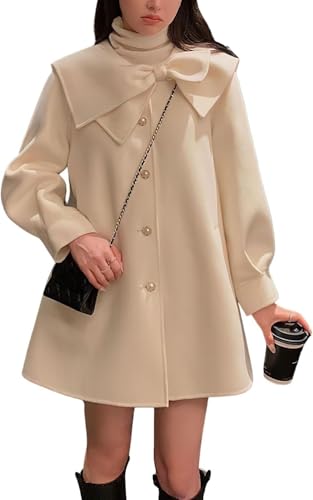 Goolecrimp Süßer Damenmantel aus Wollmischung mit Schleife und Revers Modischer süßer einreihiger eleganter Dicker Mantel Kurzer lockerer lässiger Mantel für Partys und Shopping (Beige,L) von Goolecrimp