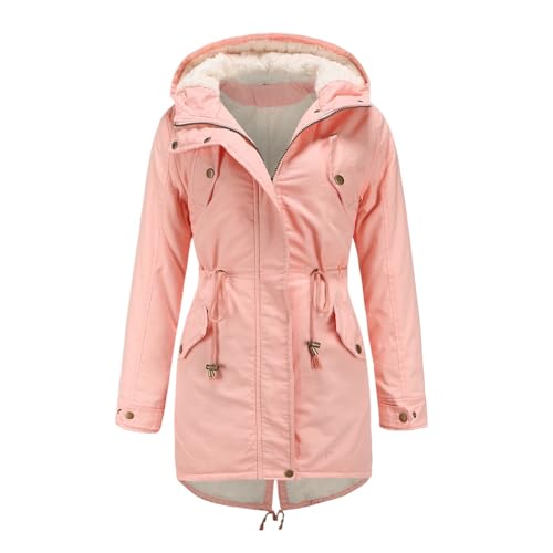 Goolecrimp Warme Winterjacke mit Fleecefutter für Damen Modischer lässiger lockerer Winterparka Winddichte mittellange Winterjacke mit Kapuze für Outdoor Sport (Rosa,M) von Goolecrimp