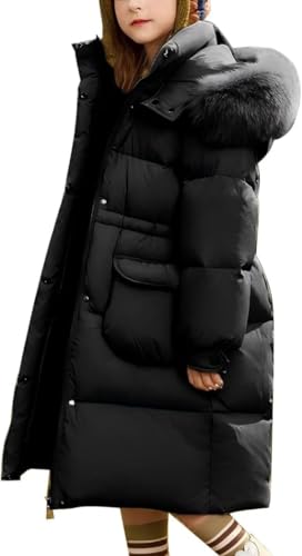 Goolecrimp Winddichter Daunenmantel für Mädchen für den Winter mit Gürtel Kapuze Sherpa-Futter Schwerer wasserdichter Parka-Mantel großer Pelzkragen kältefeste Steppjacke (Schwarz,130cm) von Goolecrimp