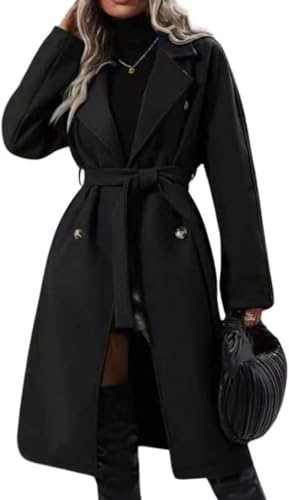 Goolecrimp Winter Damen Zweireihiger Woll Mantel Eleganter Revers lässig tailliert mittellanger Trenchcoat mit Taschen lockerer lässiger Business Office Tweed Mantel (Schwarz,S) von Goolecrimp