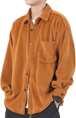 Goolecrimp Herren Frühling Cordhemd lässig Revers mit Tasche Langarm Flanelljacke College Style Langarm Freizeithemd lockeres Top (Orange,XL) von Goolecrimp