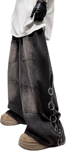 Herren Jeans mit weitem Bein und lockerer Passform Vintage Jeans im 90er Jahre Stil gerade übergroße lockere Street Hip Hop Skater Jeans gerade Arbeitshose (schwarz,3XL) von Goolecrimp