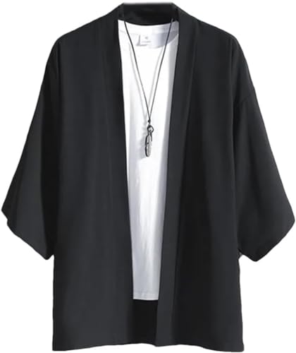 Herren Leinen Cardigan Japanische Kimono Freizeit Loose Strickjacke Jacke Schal Hemd Revers Leichte Atmungsaktive Baumwolle Sieben Ärmel Strickjacke (Schwarz,XXL) von Goolecrimp