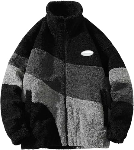 Herren Plüsch Jacke Punk Goth Patchwork Farbe Stehkragen gepolsterte Jacke Y2K Mode Trend lässig lose Winter warm Unisex Jacke (Schwarz,XL) von Goolecrimp