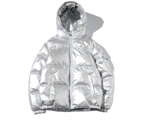 Herren verdickte Winterjacke Outdoor Winddicht warm glänzend Freizeitjacke solide Farbe Mode lose Wandern Skifahren mit Kapuze Daunenjacke (Silber,L) von Goolecrimp