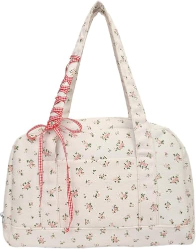 Kleine Reisetasche für Damen süße Canvas-Tragetasche florale Umhängetasche kleine gesteppte Reisetasche Canvas-Tragetasche süße Blumen-Wochenendtasche Übernacht-Handgepäck (Rosa,Einheitsgröße) von Goolecrimp