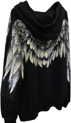 Lässiger Kapuzenpullover für Damen Pullover mit Strass Muster Musikfestival Party Pailletten Modetrend Streetwear (Schwarz,L) von Goolecrimp
