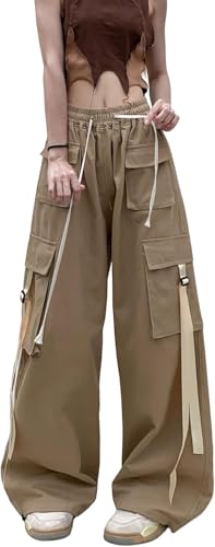 Lockere Freizeithosen für Damen Lockere Y2K Retro Gotikhose mit weitem Bein Mode Street Trend mit hoher Taille und Mehreren Taschen Punk Harajuku Hose (Khaki,S) von Goolecrimp