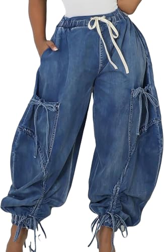 Lockere Jeans für Damen Jeans mit hoher Taille und weitem Bein Y2K Jogginghose mit Kordelzug und Fliege Modische lässige Hip-Hop Punk Jeans mit elastischem Bund (Blau,XXL) von Goolecrimp