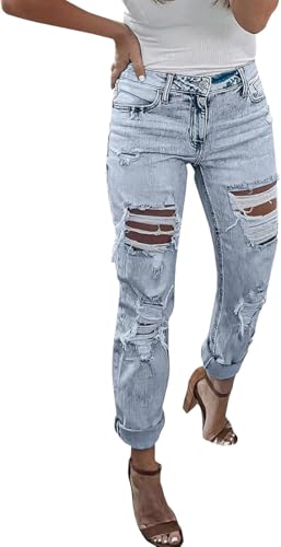 Lockere Jeans für Damen Leichte gerade geschnittene Sommerjeans mit niedriger Taille Zerrissene Vintage Jeans im Hip-Hop Punk Stil (Blau,XL) von Goolecrimp