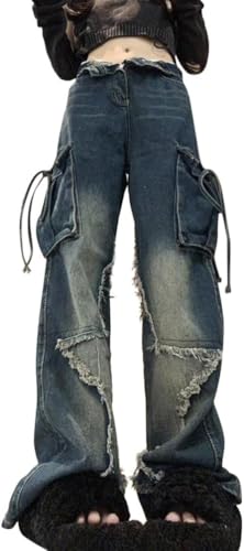 Lockere Jeans mit Mehreren Taschen für Damen hohe Taille Hip-Hop lässig lockere sportliche Freizeithosen Jeans lässig gerades Bein Streetwear (Blau 3,S) von Goolecrimp