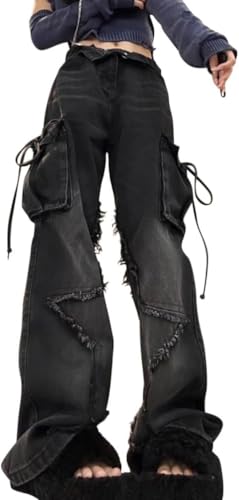 Lockere Jeans mit Mehreren Taschen für Damen hohe Taille Hip-Hop lässig lockere sportliche Freizeithosen Jeans lässig gerades Bein Streetwear (Schwarz,M) von Goolecrimp