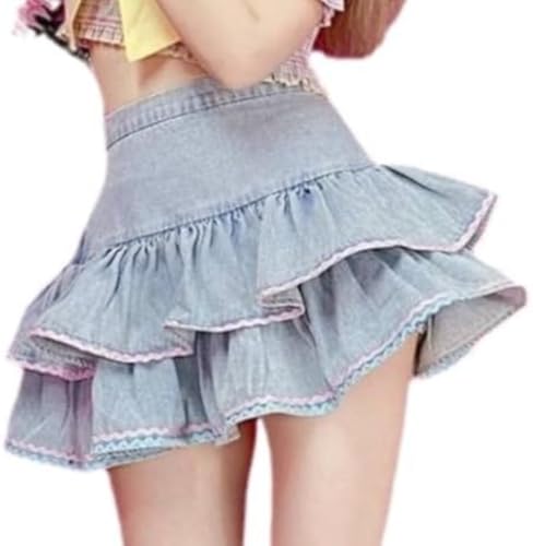 Mädchen Niedlich Süß Lolita Minirock Damen Bowknot Hohe Taille Halb Denim Kuchen Rock Kawaii Geschichtete Spitze Party A-Linie Mini Set (Blau,L) von Goolecrimp
