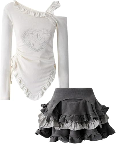 Mädchen Schmaler unregelmäßiger Saum Zwei Röcke bauschige Lolita Kleider trägerloses T-Shirt Y2K Gothic Bluse Kawaii Rüschen Micro Slim Rock (Set 1,M) von Goolecrimp