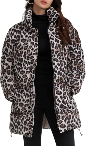 Modische dicke Daunenjacke mit Leopardenmuster für Damen Warme Daunenjacke mit Stehkragen und Reißverschluss für den Winter Winddichte lockere Freizeitjacke für den Außenbereich (Leopardenmuster,XL) von Goolecrimp
