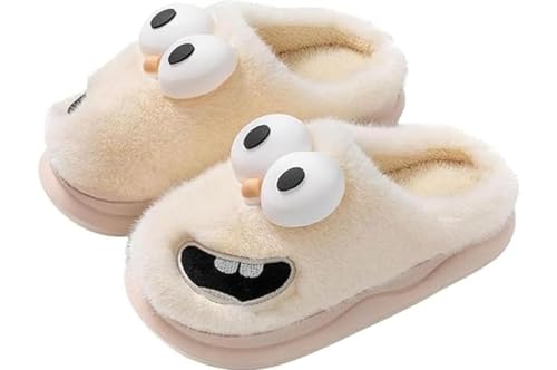 Niedliche 3D Hausschuhe Mit Großen Augen Und Cartoon Motiv Lässige Warme Plüsch Hausschuhe Für Herbst Und Winter Mit Dicker Sohle (Beige,38-39) von Goolecrimp