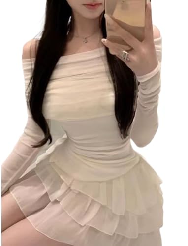 Schlankes zweiteiliges kurzes Rock Set Hohe Taille Faltenrock Y2K Mehrschichtiger kurzer Rock + Trägerloses T-Shirt Minirock Kawaii Set (Mandel,XXL) von Goolecrimp