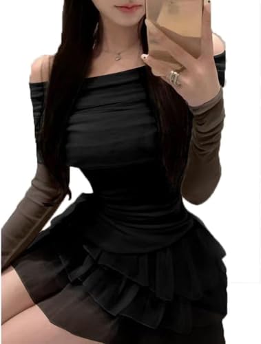 Schlankes zweiteiliges kurzes Rock Set Hohe Taille Faltenrock Y2K Mehrschichtiger kurzer Rock + Trägerloses T-Shirt Minirock Kawaii Set (Schwarz,M) von Goolecrimp