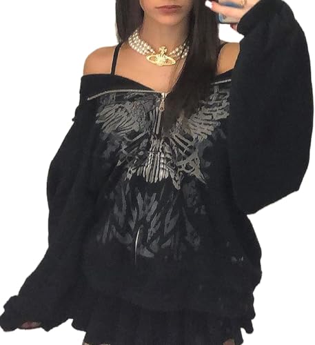 Vintage Kapuzenpullover für Damen Übergroßes Sweatshirt mit Musterdruck Mode lässig ästhetisch Harajuku Gothic Street Trend Kleidung (Schwarz,L) von Goolecrimp