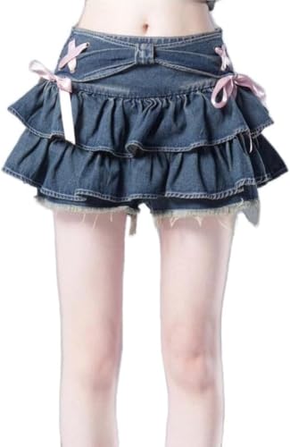 Y2K Damen Blauer Denim Puretic gekräuselte Kante der Minirock Mode Jeans mit engem Reiß Verschluss Korsett Trend Sommer hohe Taille Bogen kurzer Rock Set (Rock,S) von Goolecrimp